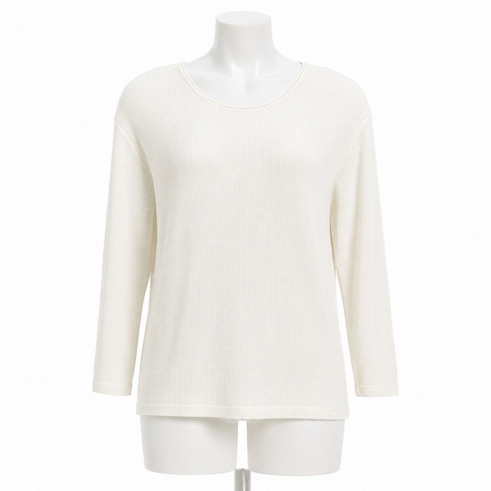 Carolyn Taylor Sweater Women Medium White Ribbed 3/4 Sleeve Scoop Neck Knit Top